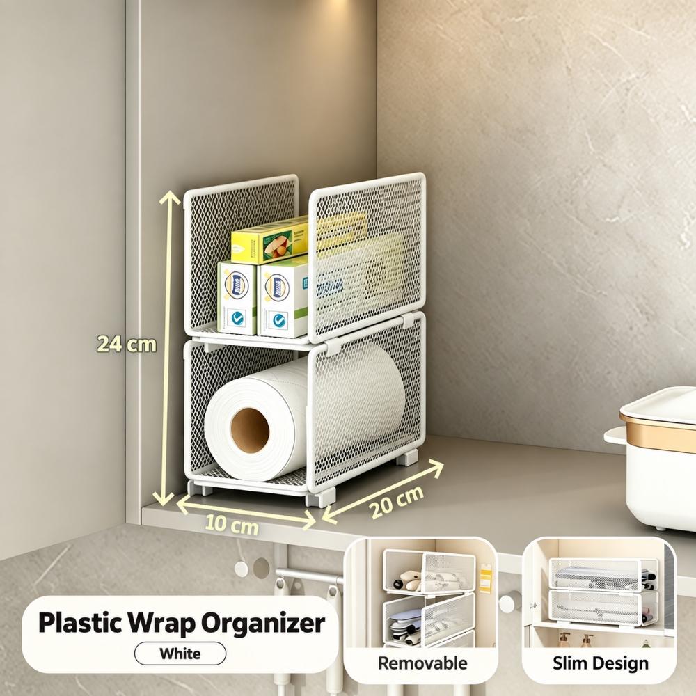 Stackable Kitchen Cabinet Organizer Rack, Iron Mesh Storage Shelf for Plastic Wrap, Paper Rolls and Boxed Supplies