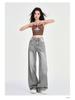 Women's 2025 Spring Gray Low-Rise Wide-Leg Retro Petite Jeans