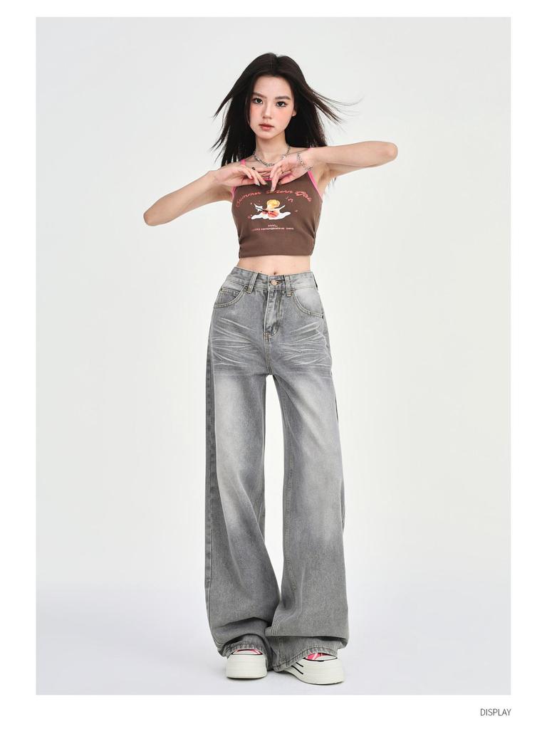 Women's 2025 Spring Gray Low-Rise Wide-Leg Retro Petite Jeans