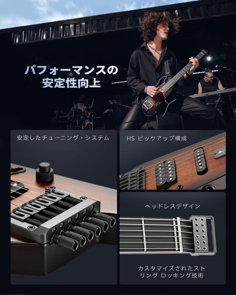 Donner Electric Guitar Headless Travel Guitar Portable Electric Guitar Mini Electric Guitar Mahogany Body Perfect for Sunburst HUSH-X Travel/Business