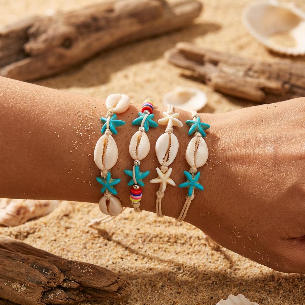 Bohemian Starfish Shell Beads Bracelet For Women Sea Star Turtle Conch Woven Rope Bracelet Summer Beach Party Holiday Jewelry