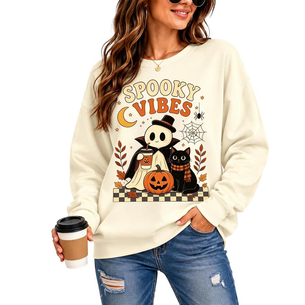 Women's fashionable casual long-sleeved Halloween printed round-neck top