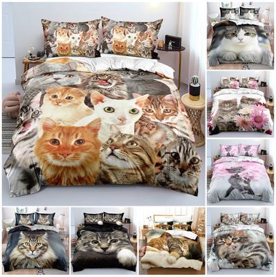 3D Cartoon Dieren Serie Beddengoedset met Kattenpatroon Donzen Dekbed en Kussensloop, Slaapkamer Beddengoed, Volledige Maat Sneldrogend Huisdecoratie