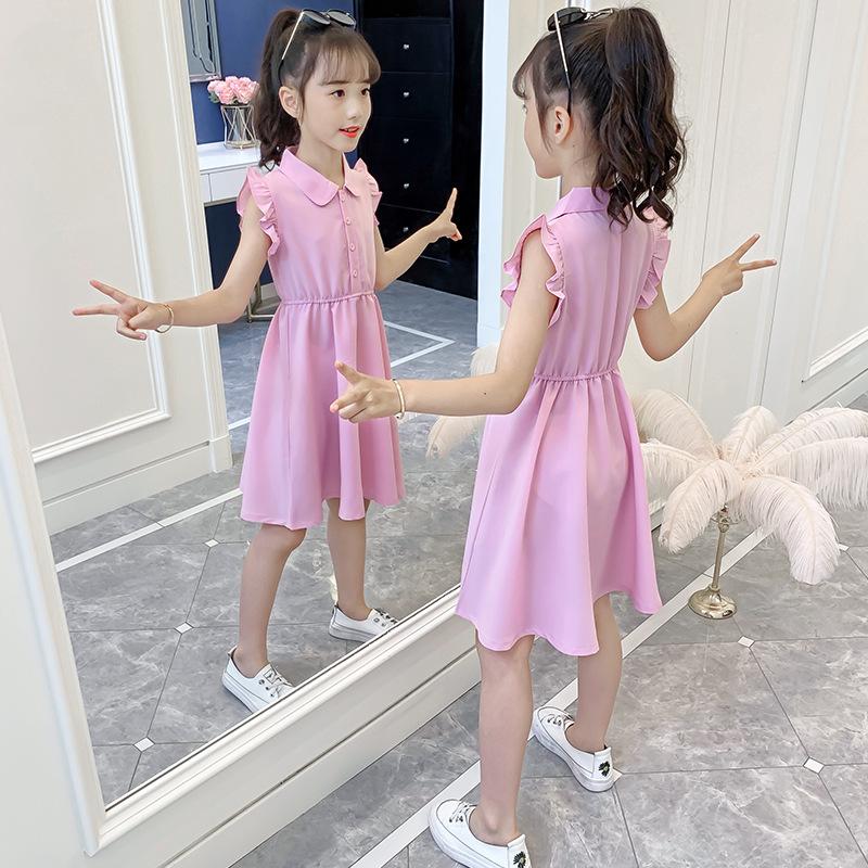 Girls Chiffon Dress Summer Fashion Children's Solid Color Lapel Lace Princess Dress