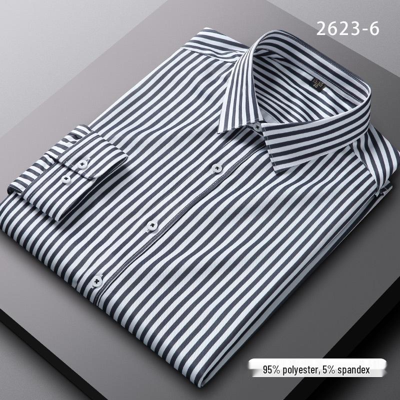 Men's Spring Easy-Care Striped Long Sleeve Stretch Slim Fit Shirt - Iron-Free Business Wear