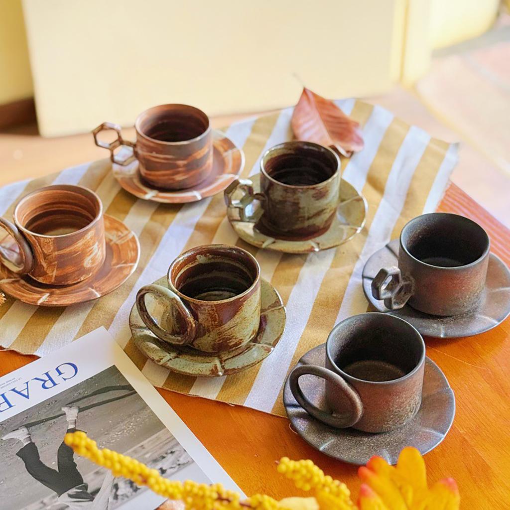 Handcrafted Ceramic Coffee Cup and Saucer Set 7.4 Oz Mug with Unique Handle Rustic Glazed Finish Modern Design for Espresso Tea