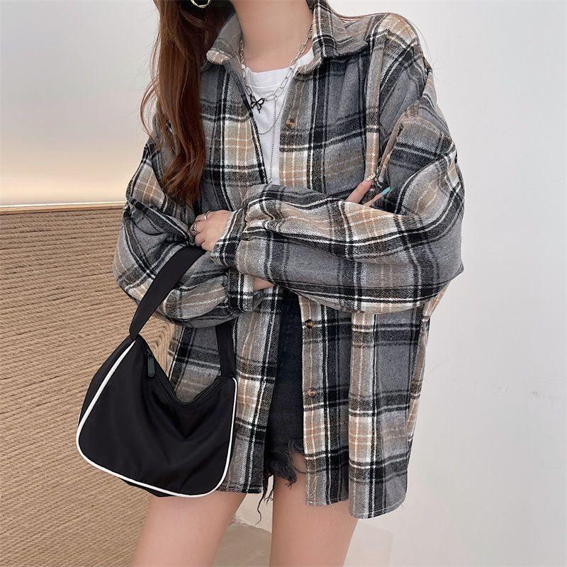 Damen Verdicktes Gebürstetes Karoshirt: Lockere Passform im koreanischen Stil, figurschmeichelnde Langarmbluse für Herbst und Frühling.