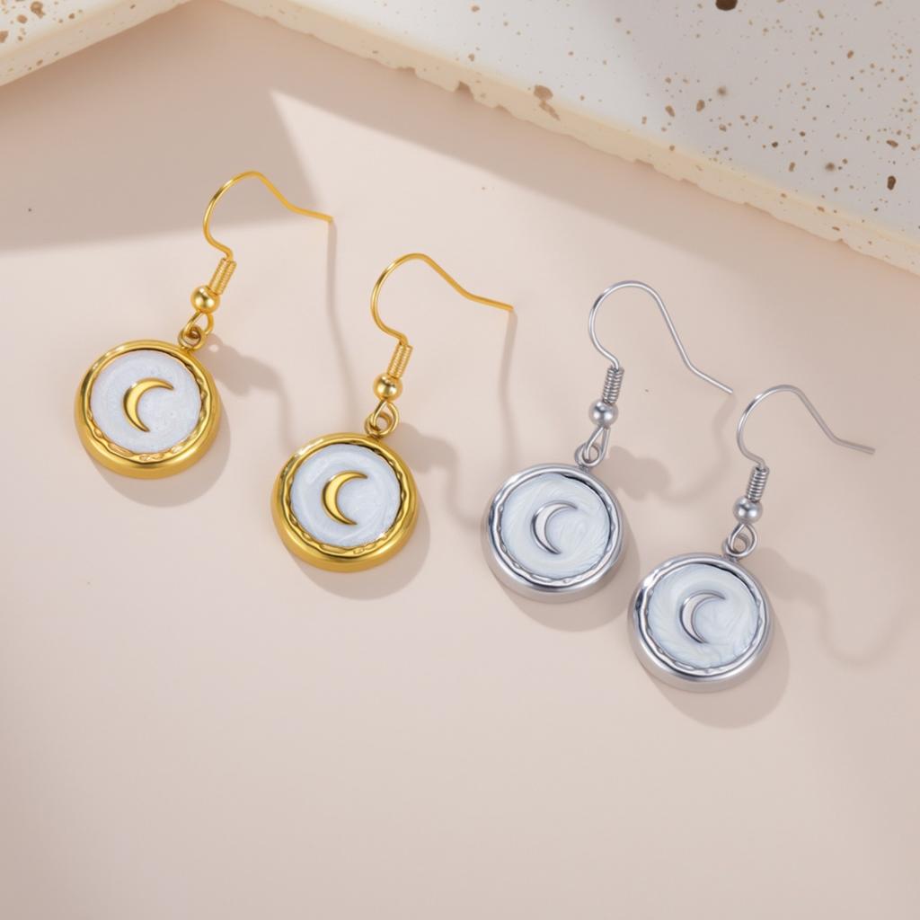 Teamer White Enamel Crescent Round Pendant Stainless Steel Dangle Earrings For Women Girls Fashion Wedding Romantic Jewelry Gift