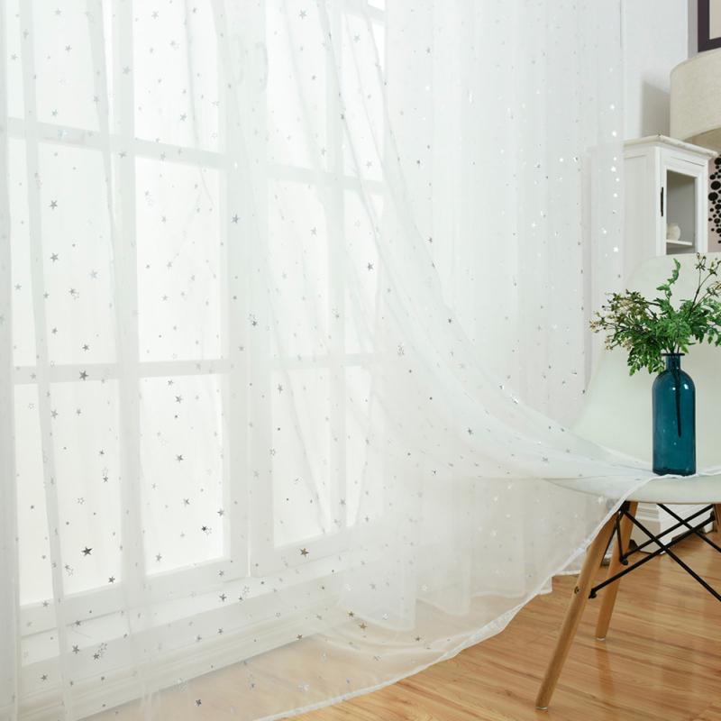Silver Pressed Star Embroidered Curtain with Rod Light Transmission Tulle Curtains for Living Room Bedroom Kitchen Kids Baby Room Door Window 1PC