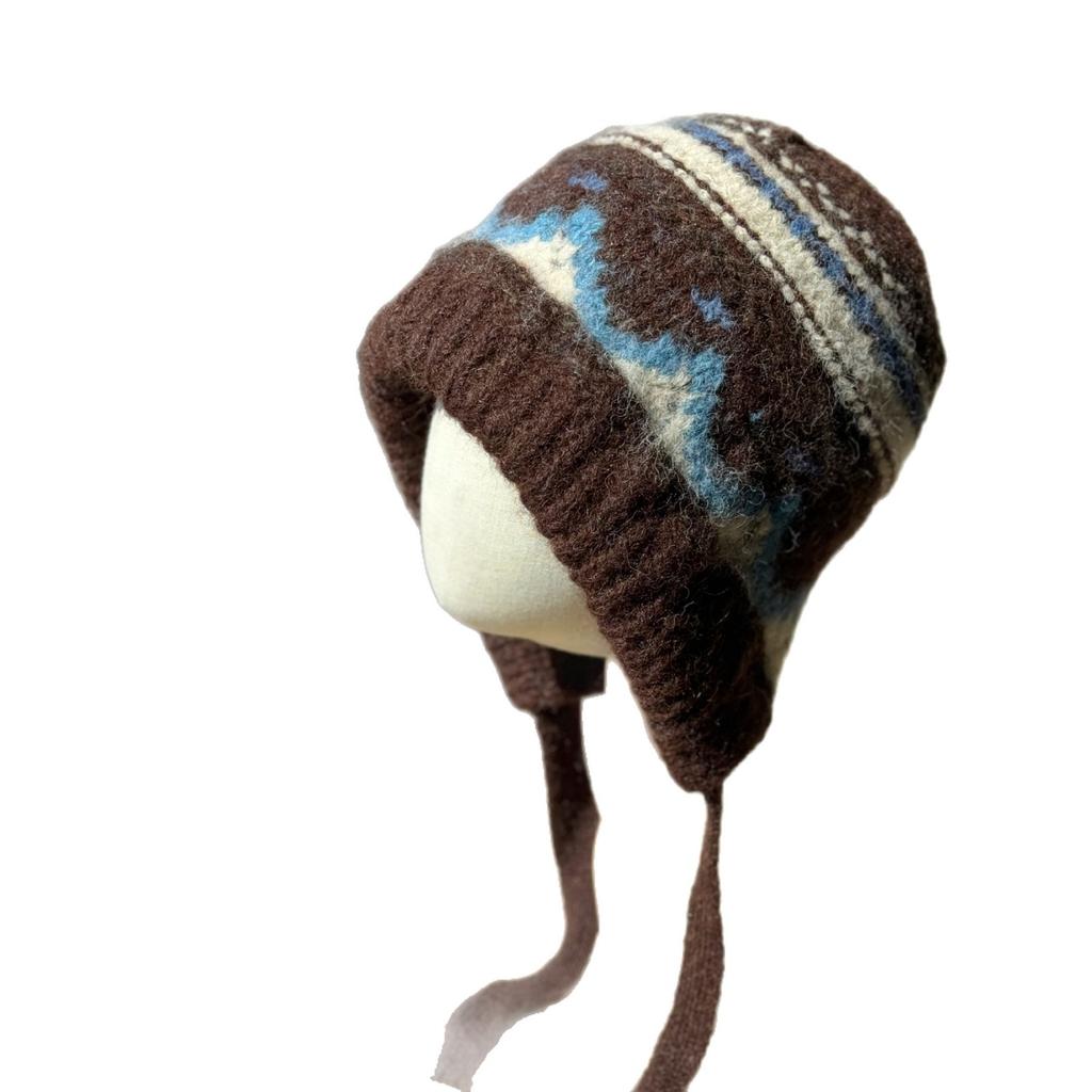 Fair Isle Style Contrast Color Strap Knitted Pullover Hat Women's Autumn and Winter Thickened Warmth and Coldproof Ear Protection Lei Feng Hat