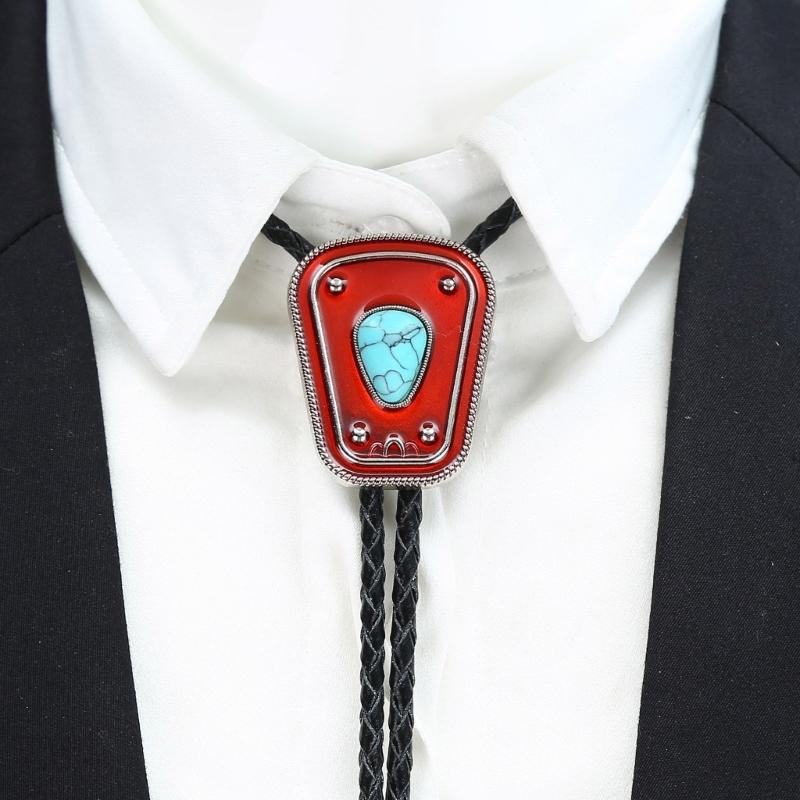 Men Women Bolo Tie Necktie Artificial Leather Braided Rope Necklace with Enamel Stone Pendant Jewelry Cowboy Neckwear
