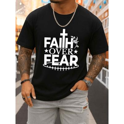 Glaube über Angst T-Shirt Herren Rundhals Schwarze T-Shirts, Bequem Lockerer Schnitt, Modisch, Perfekt für Sport und Outdoor-Aktivitäten, Ganzjahres