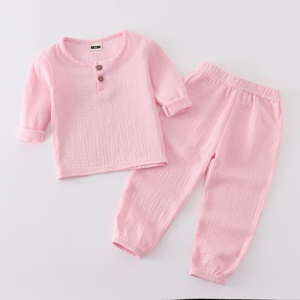 Kids' Cotton Linen Long Sleeve Set - Unisex Gauze Joggers, Loose Two-Piece for Spring/Summer