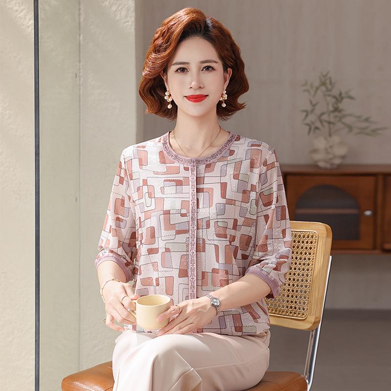

New Style Ice Silk Blouse for Moms: Round Neck, Mid-Sleeve Top for Middle-Aged and Elderly Women 4XL (135-150 jin)