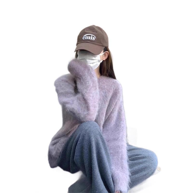 Women's Cozy Gray Imitation Mink Velvet Round Neck Sweater, Perfect for Autumn and Winter.