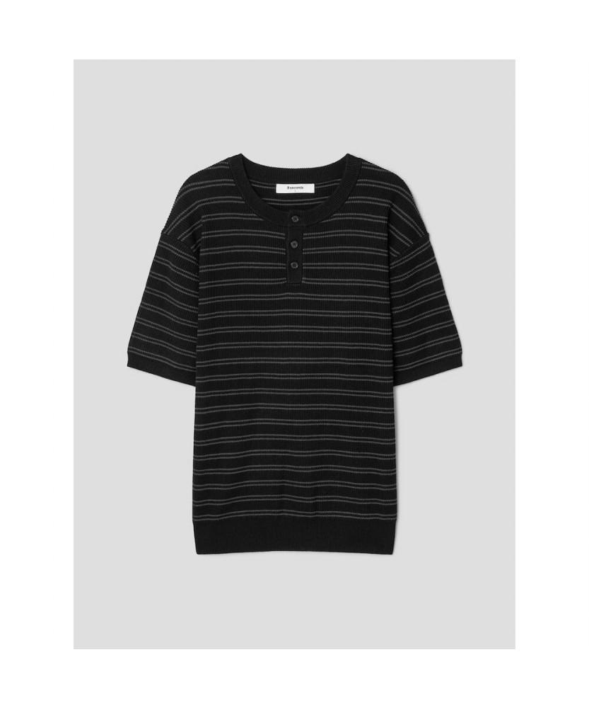 8SECONDS Washable Striped Henley Neck Pullover Black