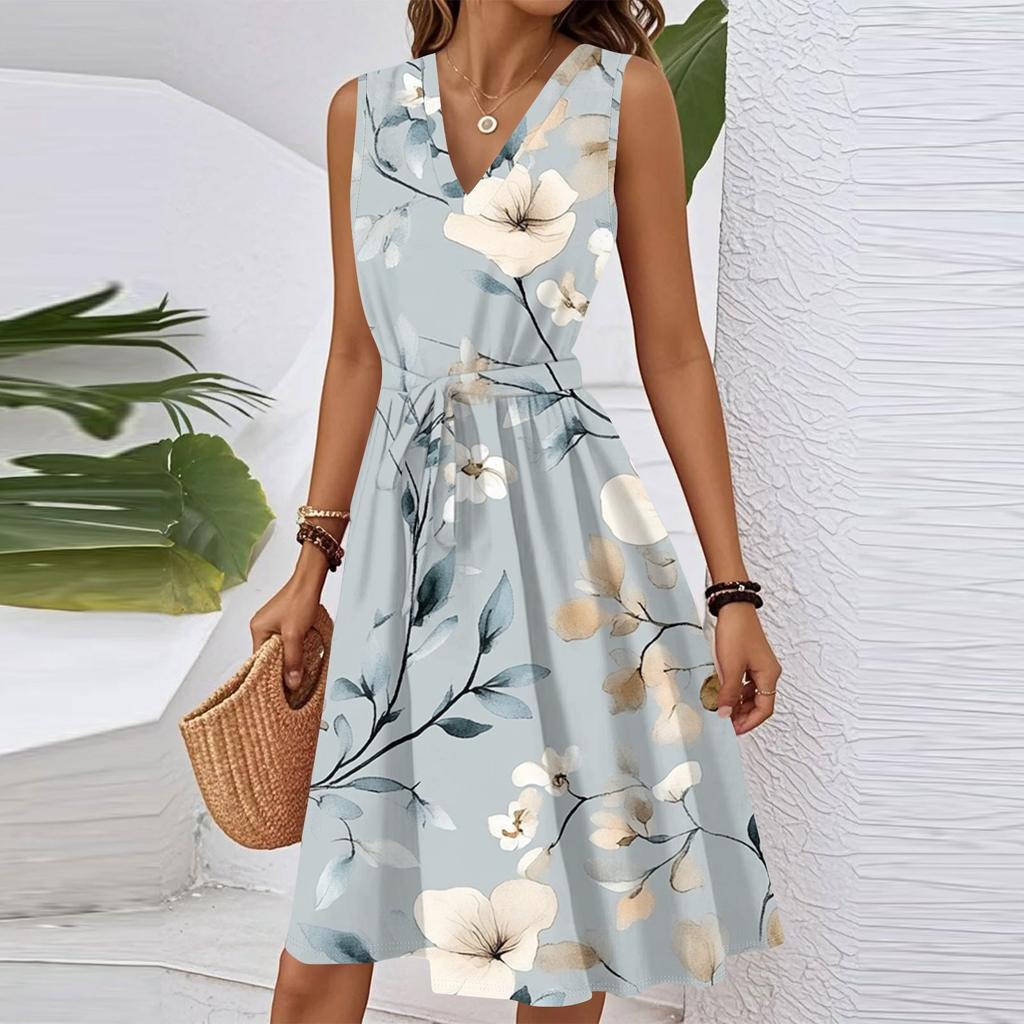 Damen Sommer Mode Locker V-Ausschnitt Ärmellos Schnürkleid mit Blumendruck