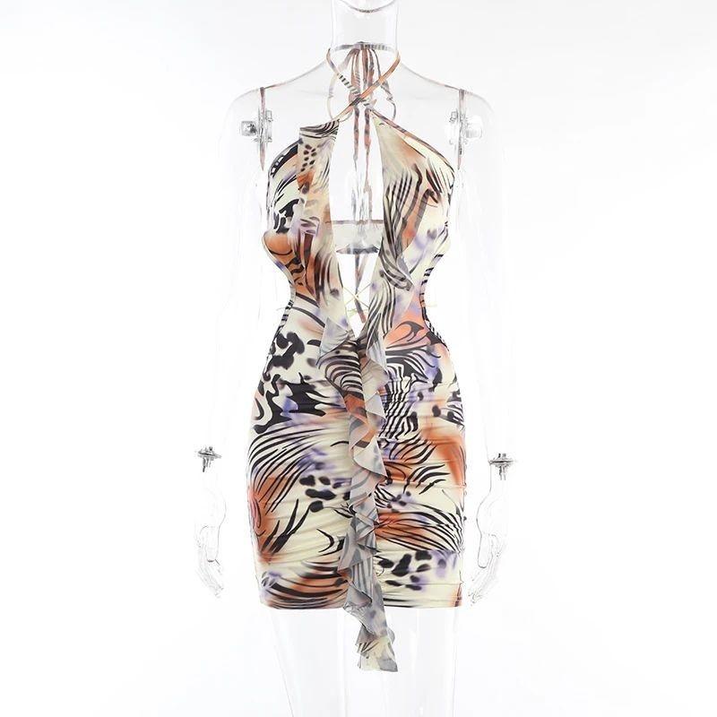 

Однотонное мини-платье с вырезами и оборками, сексуальное, для женщин, халат Khaki S