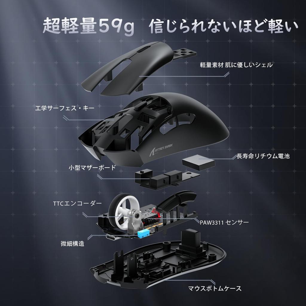 ATTACK SHARK X ZIYOU LANG R1 Gaming SUPERLIGHT Wireless Ergonomic Black Mouse, 2.4Ghz/Bluetooth/Type-C PAW3311, 18000DPI, Ultra-Lightweight 59g,