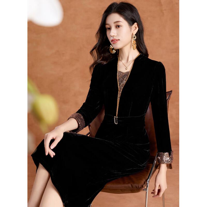 

KeBei er Elegant Velvet Sequin Fake Two-Piece Midi Dress XL