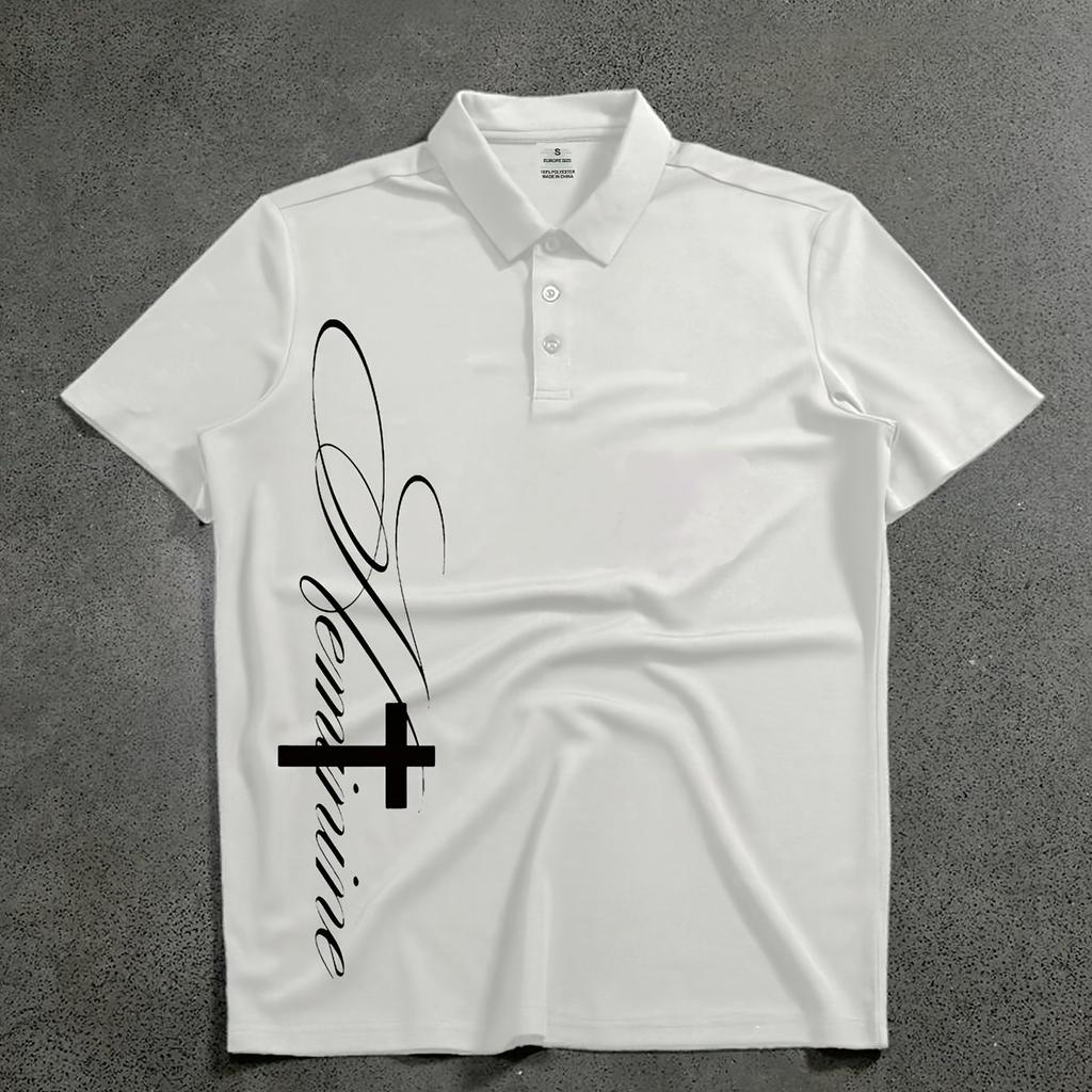 Polo Shirt with Cross and Text Pattern Print Cool Motorcycle Style Loose Fit Unisexs Short Sleeved Top Tshirt
