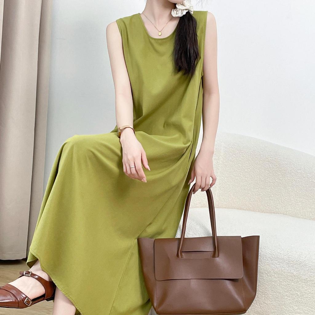 Korean Sleeveless Loose Fit Cotton Linen Dress with Wide Hem