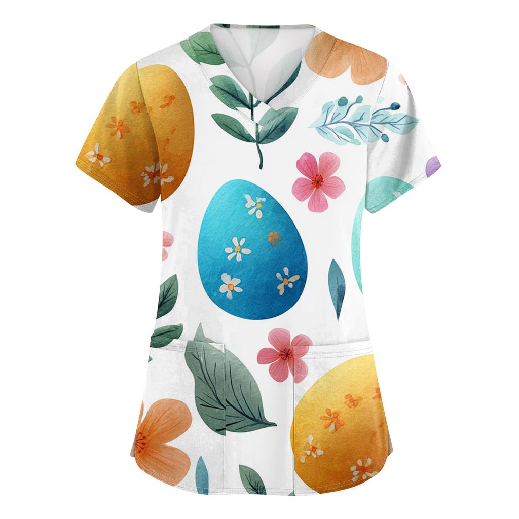 Damenmode V-Ausschnitt Kurzarm Arbeitskleidung Mit Taschen Osterdruck Oberteil Pflegekraft Uniform