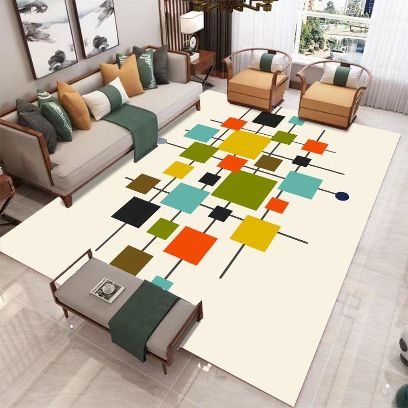 Minimalist Line Cream Style Home Floor Carpet for Living Room and Bedroom, Slip-resistant, Machine Washable Rugs for Bedroom