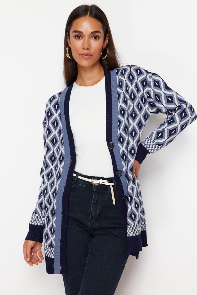 Women's Fashion New Hijab Cardigan Navy Blue Jacquard Button Detailed Knitwear Cardigan