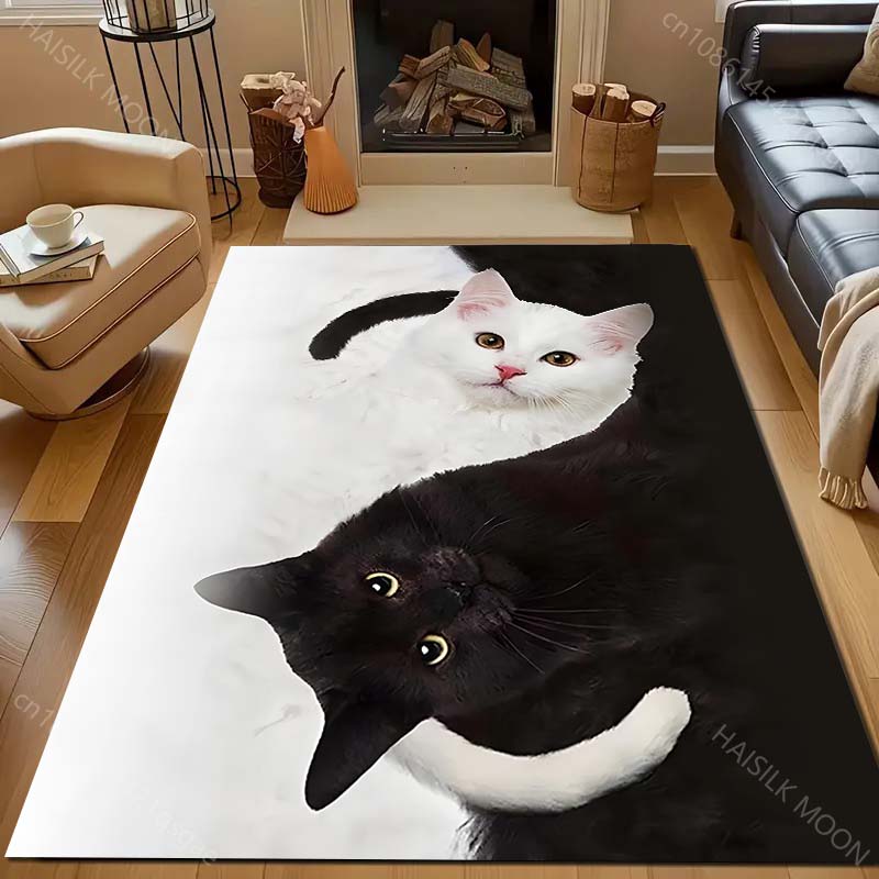 Black Cat White Cat Personalized Print Carpet for Living Room Bedroom Bedside Sofa Table Floor Mat Home Area Rug Decor for Gifts