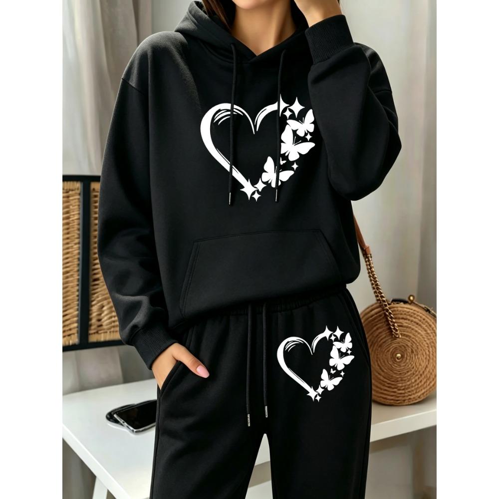 Combination Of Love And Butterfly Printed Y2K Women'S Hoodies Set Drawstring Fleece Hoody Clothing