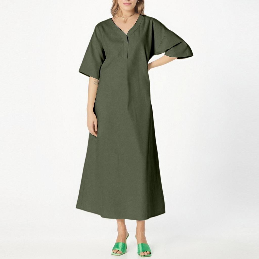 Ladies Summer New Fashion Casual Loose Short Sleeve V-neck Color Long Vest Dress