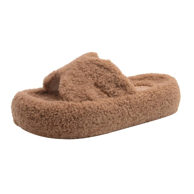 Premium soft-soled fluffy slippers for women's outer wear 2025 new autumn and winter thick-soled wool rolls home one-word cotton mop