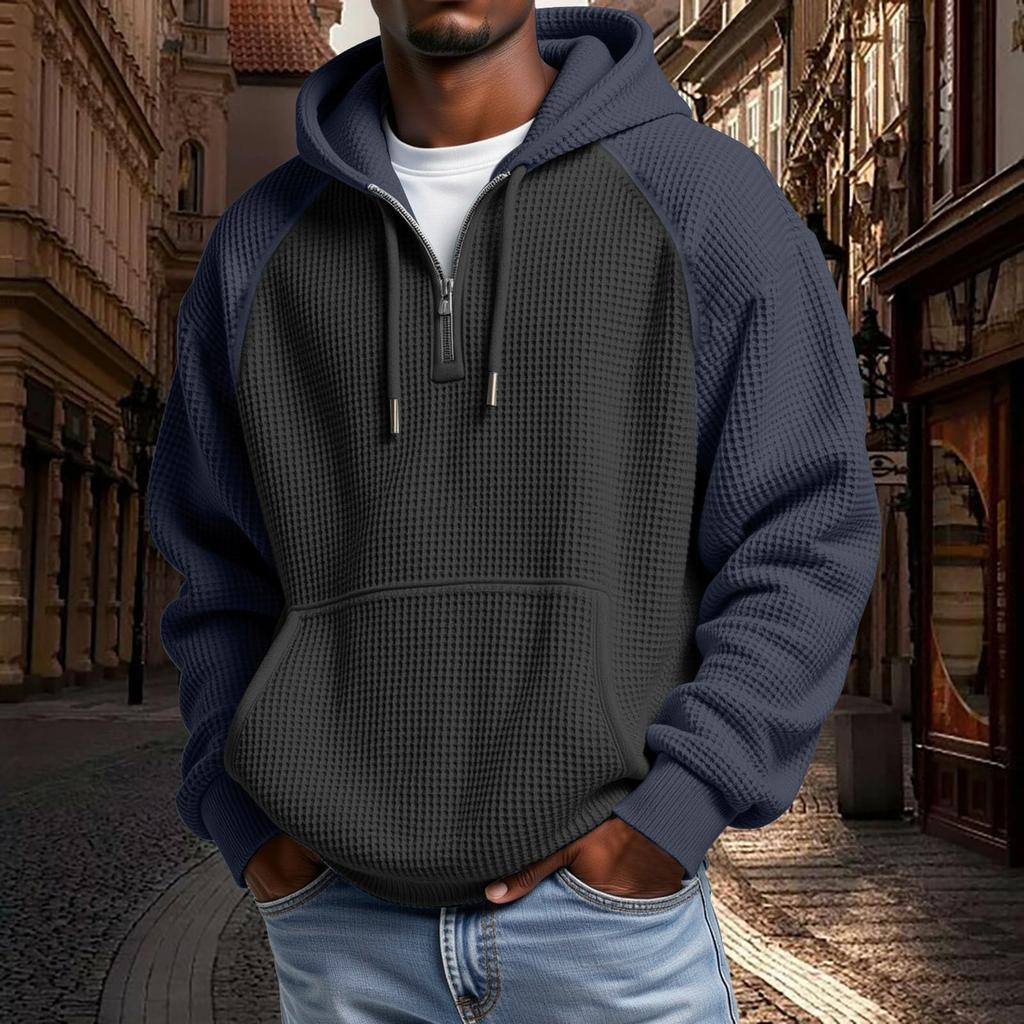 Mens Hoodies Pullover QuarterCasaul Long Sleeve Drawstring Knit Hooded Sweatshirt With Pocket
