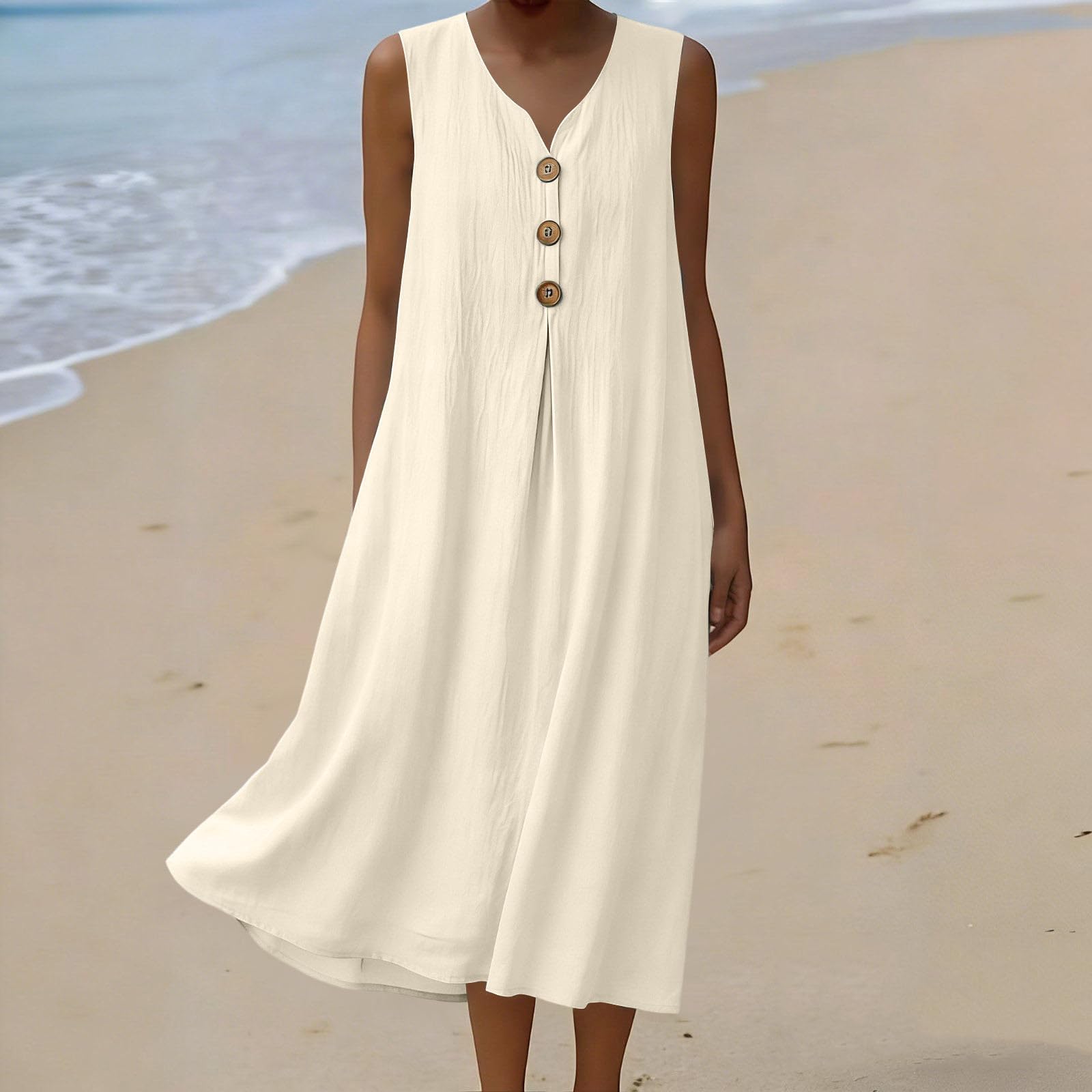 

Women s Summer Fashion V-neck Button Sleeveless Casual Loose Vacation Seaside Dress L