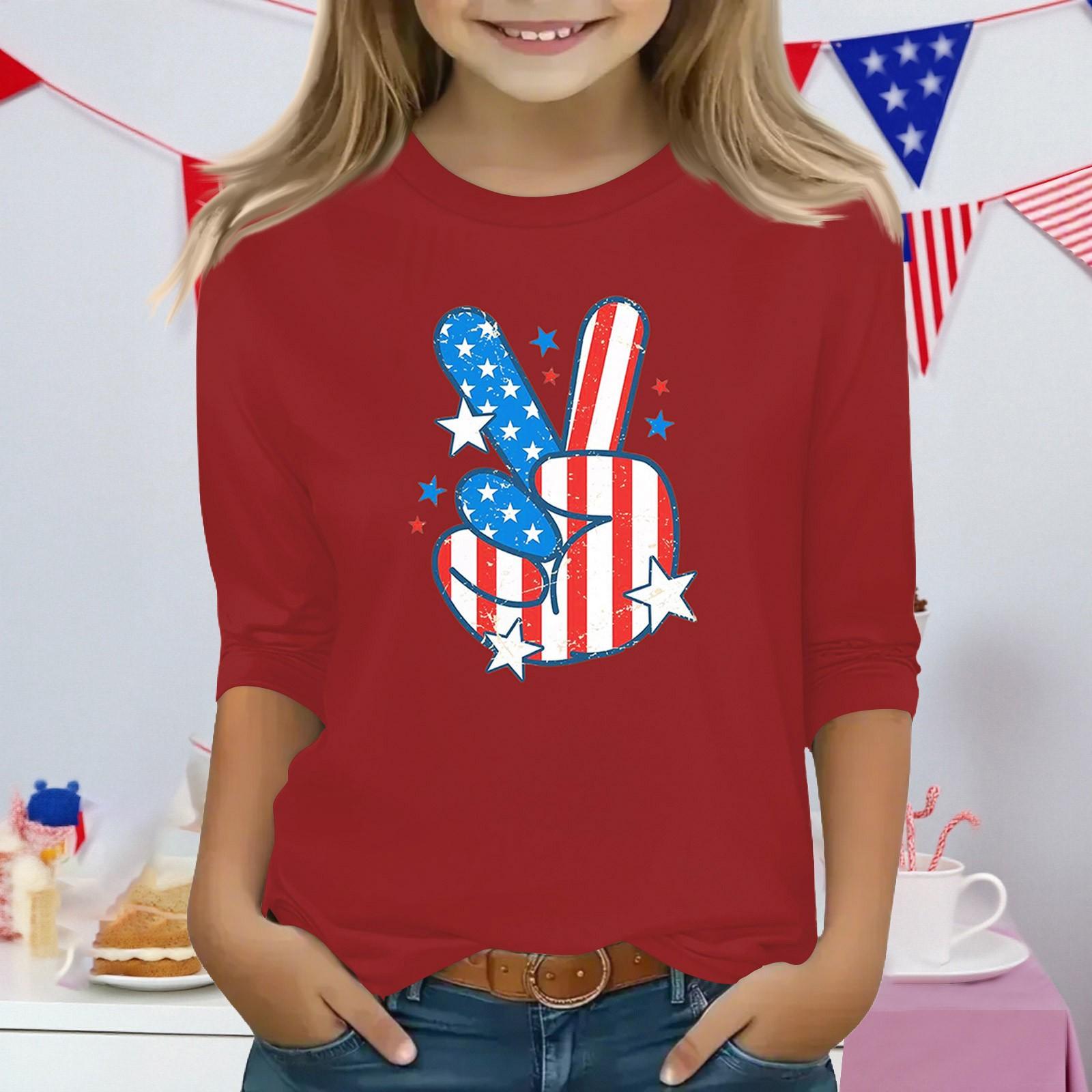 

Print Tops For Youth Girls 3-10 Years Round Neck 3/4 Sleeves T-Shirts Trendy Tops Outfit Tees 160
