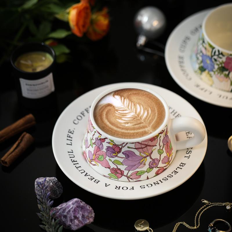 Creative flower ceramic coffee cup and saucer combination set high-value mug latte art afternoon flower tea cup