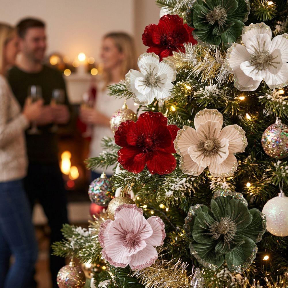 Velvet Fabric Glitter Christmas Flower Sparkling Christmas Tree Magnolia New Year
