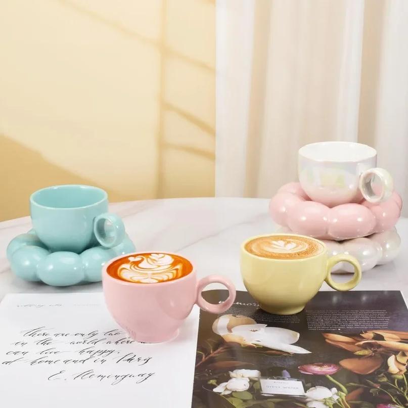 Ceramic Cloud Coffee Mug Sets Creative Flowers Saucer Mug Exquisite Office Afternoon Tea Cups Kitchen Drinkware Home Accessories