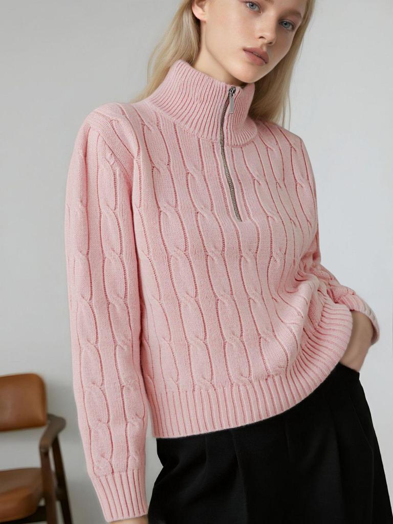 2025 Puyuan Autumn/Winter Wool Cable Knit Stand Collar Zip-Up Sweater for Women - Soft Texture