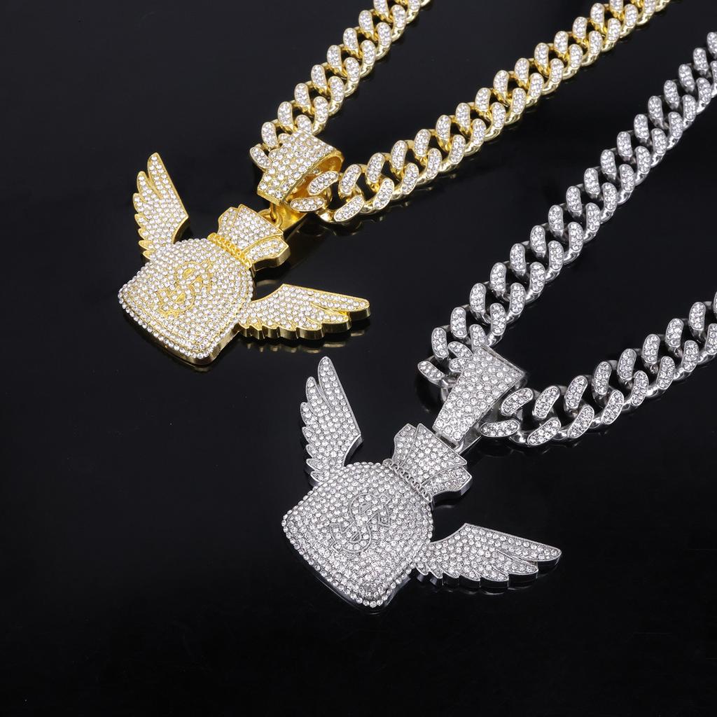 Alloy Necklace Men's Trend Cross-Border Flying Money Bag Wings US Dollar Pendant, Hip Hop Fashion Diamond Pendant
