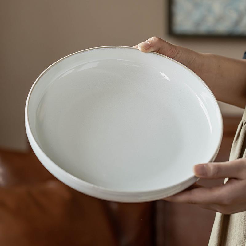 Deep Plate Round Plate Retro Style Solid Color Ceramic Plate Household Vegetable Plate Salad Plate High-End Tableware Plate