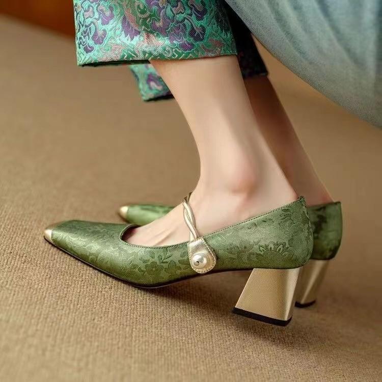 High heels new Chinese style with skirt medium thick heel shoes women's 5 Chinese New Year summer French Mary Jane evening shoes
