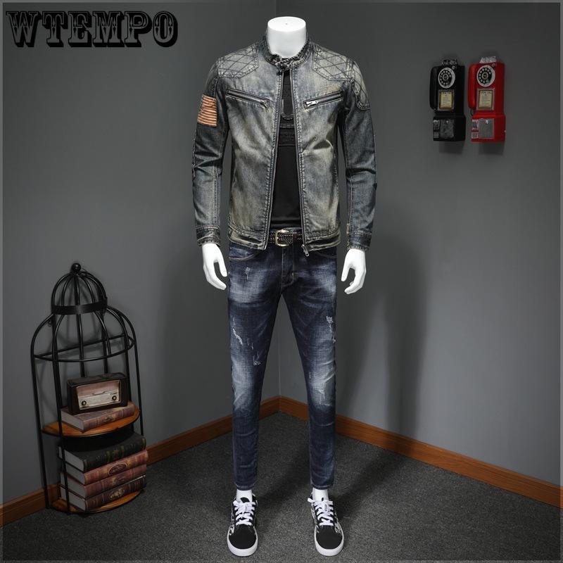 Men's Personalized Patch Denim Jacket Coat Casual Standing Collar Grid Large Size Denim Coat