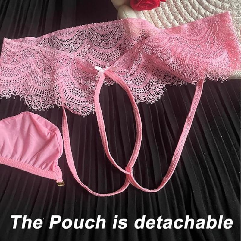 Sissy Lingerie Panties Mens Sexy Pink Lace Jockstraps Underwear Stretchy Removable Bulge Pouch Panties Crossdressers Nightwear