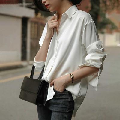 Color Large Size Blouse Loose Shirt Vintage Business Satin Silky Solid Single-breasted Long Sleeve Lapel OL Commute