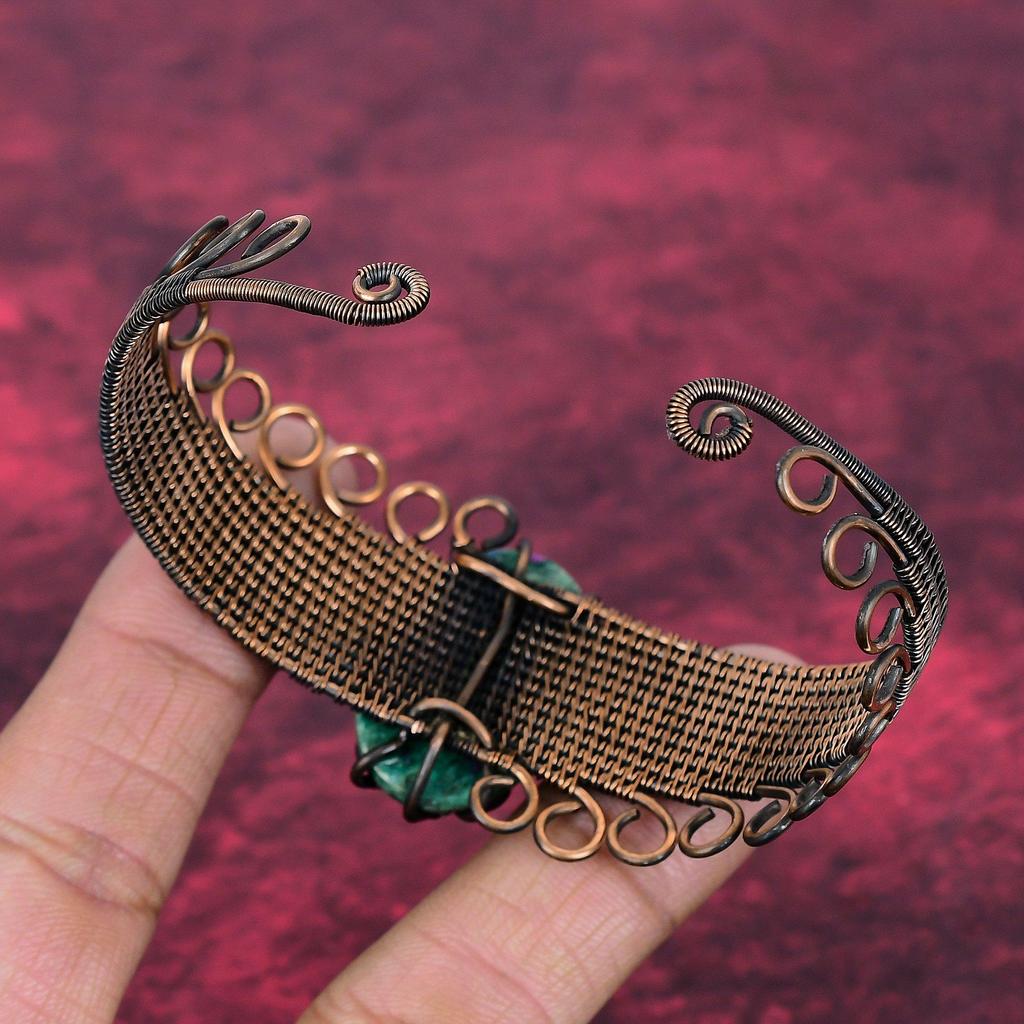 Ruby Fuchsite Bangle Adjustable Cuff Bracelet Copper Wire Wrap Gemstone Jewelry