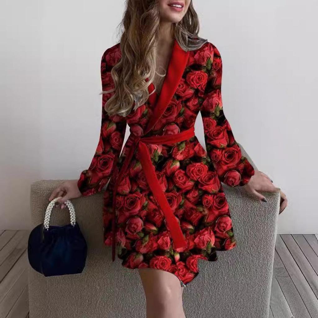 Kleid mit Blumenmuster und Umlegekragen, Taillenbetontes, elegantes Schnürkleid für Damen, langärmelige, lockere Kleider, lässiges, rückenfreies Kleid