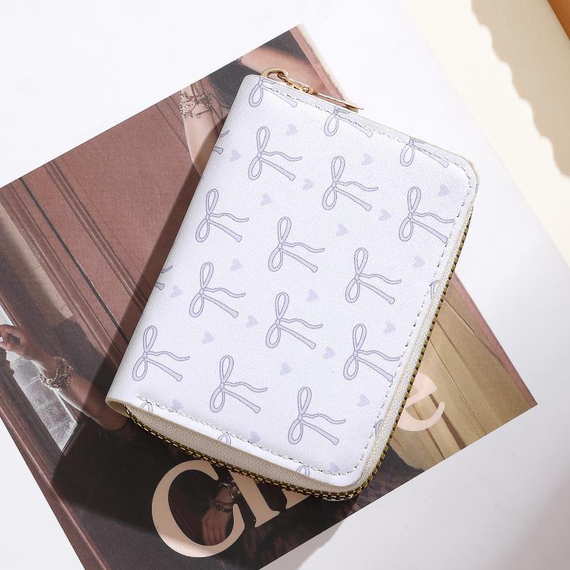 Cute Bow Print PU Leather Card Holder Multiple Slots Secure Zipper Coin Purse Small Wallet for Weekend Trips