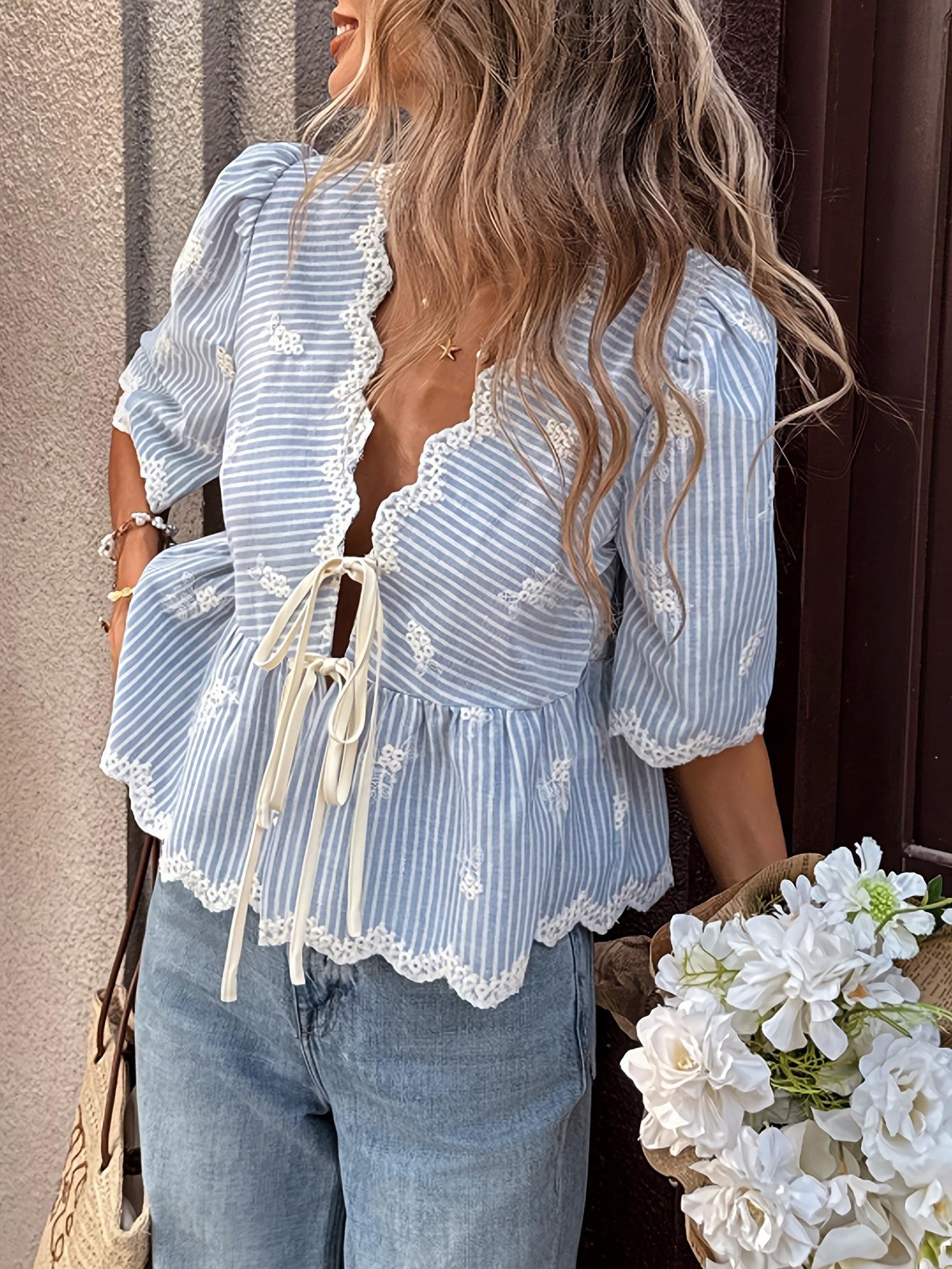Women European Style V Neck Tie Lace Striped Embroidery Puff Sleeve Loose Blouse S синий